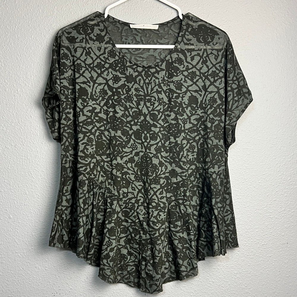 Peruvian Connection Tunic Top Abstract Floral Weave Print Green XS S 80's